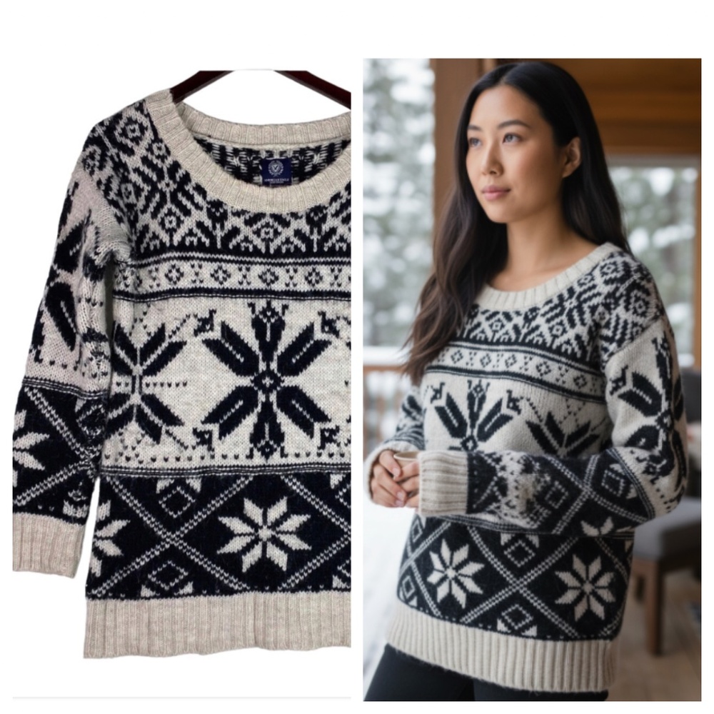 American Eagle Sweater Pullover Medium Nordic Fair Isle Black Snowflake Wool
